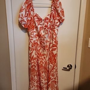 Unique Vintage Orange and White  Tropical Print Dress Size 16.